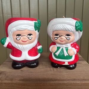 Vintage Ceramic Hand Painted Mr & Mrs Clause Votive Candle holders w/ candles